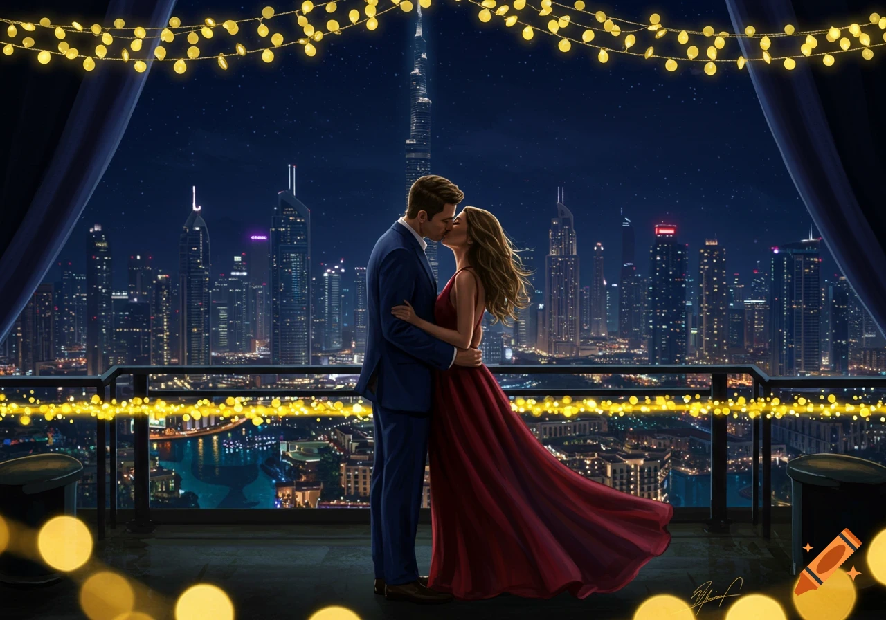 A couple kisses on a balcony overlooking the sparkling Dubai cityscape at night, with string lights overhead, in an illustrated style.