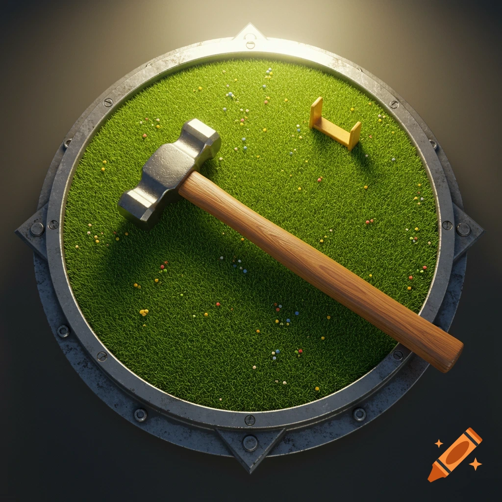 A large hammer rests on vibrant green grass with colorful sprinkles, encased in a rusty, bolted circular metal frame. A tiny yellow U-shaped object is also on the grass.