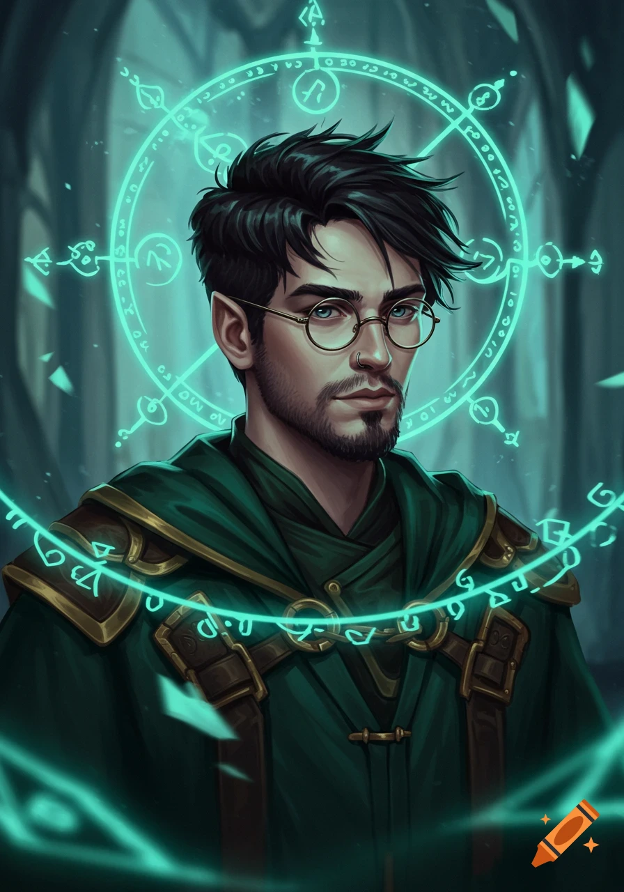 A portrait of a dark-haired male wizard with glasses and a beard, wearing a green robe, surrounded by glowing teal magic symbols.