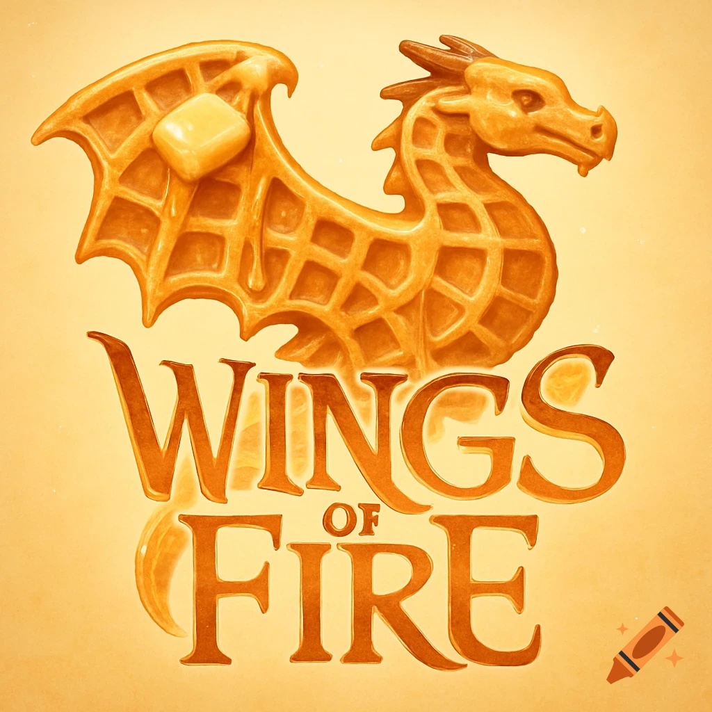 A golden-brown waffle shaped like a dragon with wings, butter, and syrup, above 'WINGS OF FIRE' text.