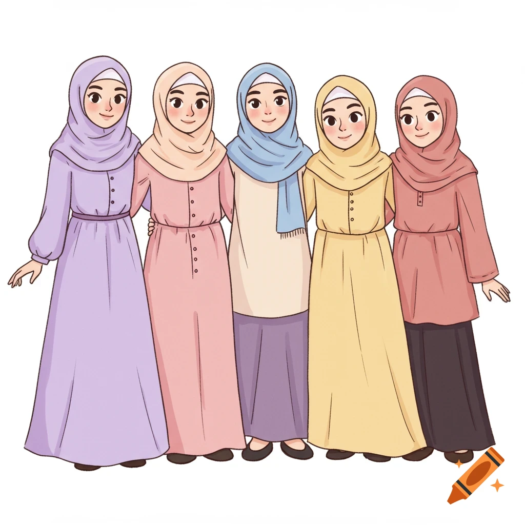 Cartoon illustration of five cheerful Muslim girls wearing colorful hijabs and abayas, standing together as friends.