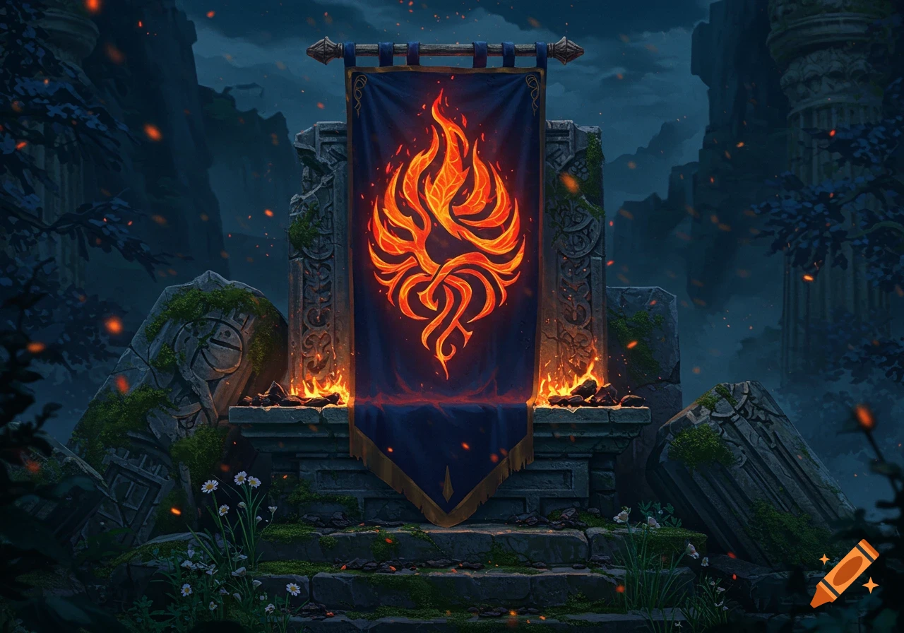 A glowing orange flame emblem on a dark blue banner hangs between mossy ancient stone ruins, with small fires and floating embers.