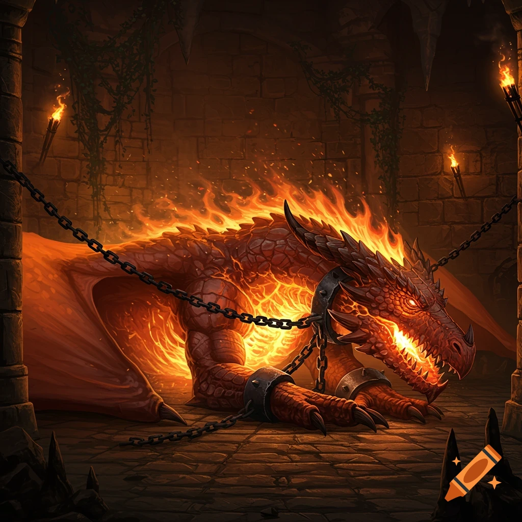 A chained, fiery red dragon with glowing eyes lies in a dark, torch-lit dungeon, its body emanating intense flames.