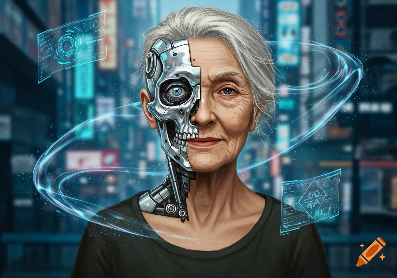 Close-up portrait of an old woman, half human and half cyborg with a chrome skull, surrounded by blue holographic displays in a futuristic setting.