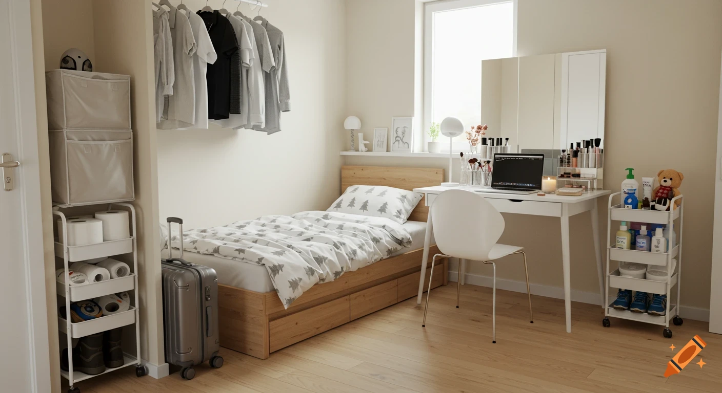 Photorealistic view of a small, clean, organized bedroom with a single bed, desk, storage carts, and a bright window.