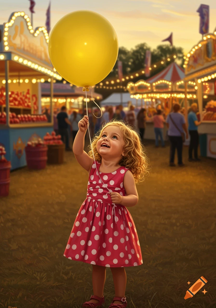 A photorealistic image of a smiling little girl in a red polka-dot dress holding a yellow balloon at a vibrant county fair.