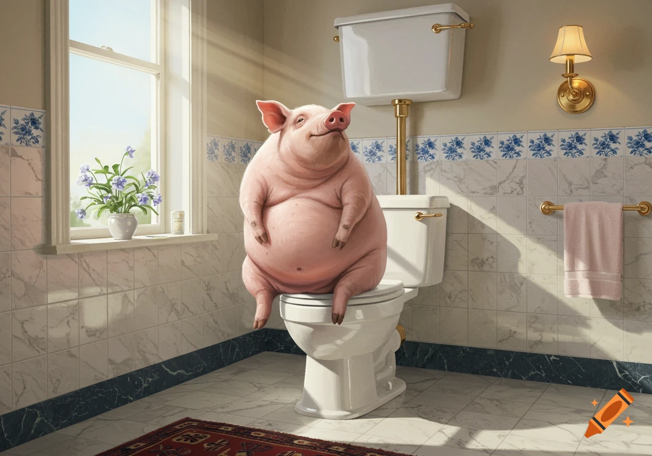 A smiling pink pig with a pot belly sits on a white toilet in a bright, tiled bathroom with a window.
