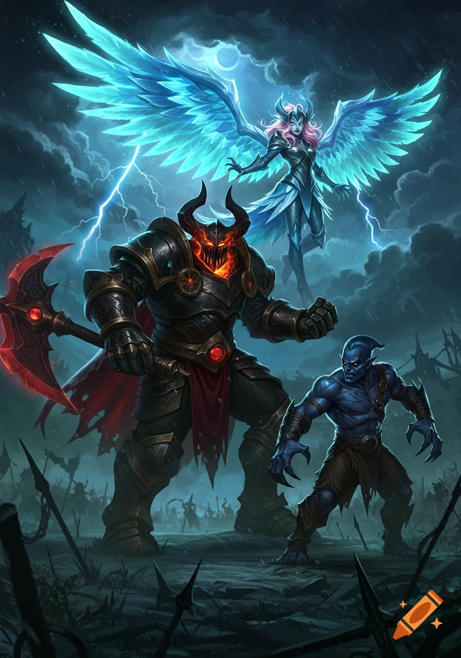 Digital art of a large armored warrior, winged angelic figure, and blue clawed creature on a stormy battlefield.