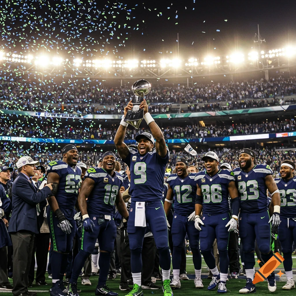 Photorealistic image of Seattle Seahawks football players celebrating a Super Bowl win on the field, with one player holding the trophy aloft under falling confetti.