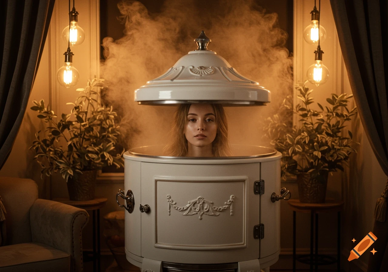 A young woman's head emerges from a white steam cabinet, surrounded by steam in a dimly lit, spa-like room with plants and glowing lights.