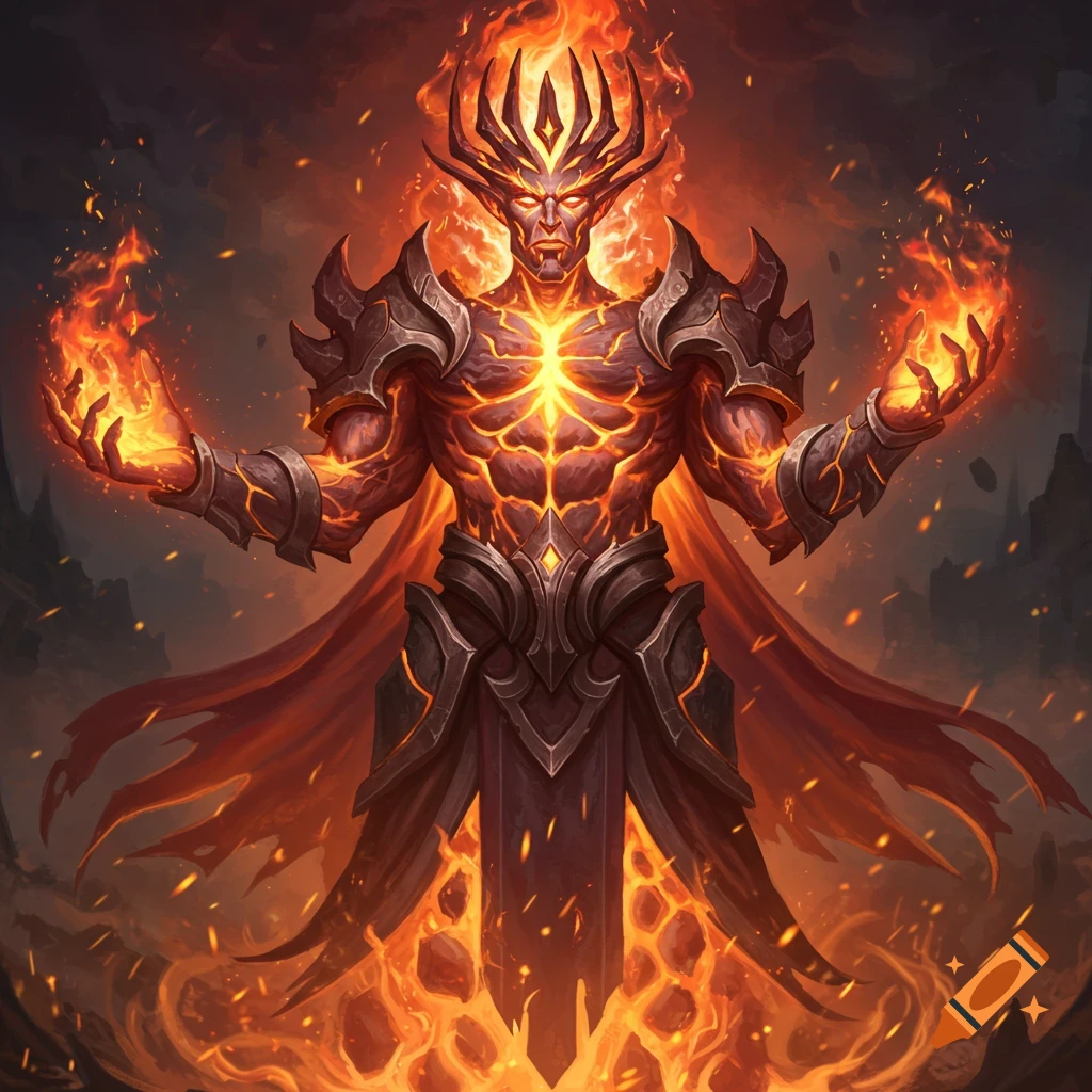 A powerful male flame elemental in ornate armor, with a crown of roaring flames and molten core, standing amidst fire.