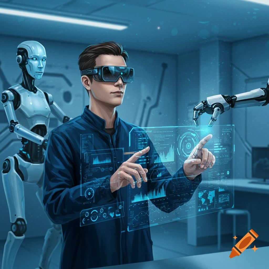 A man wearing VR glasses interacts with a holographic interface, with robots in a futuristic laboratory.