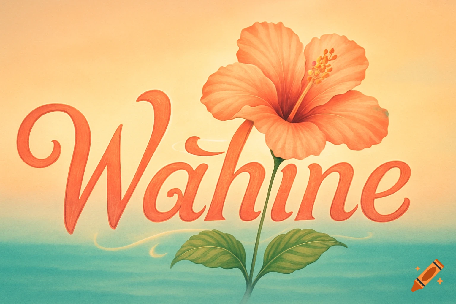 Stylized text of the word "Wahine" in orange, with an orange hibiscus flower replacing the letter 'H', against a gradient background of pale yellow and teal water.