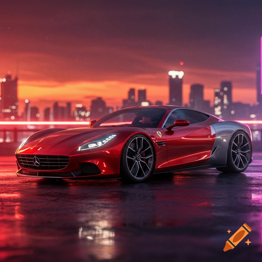 A sleek red and silver sports car, a blend of Mercedes and Ferrari, gleams on a wet street against a vibrant sunset cityscape.