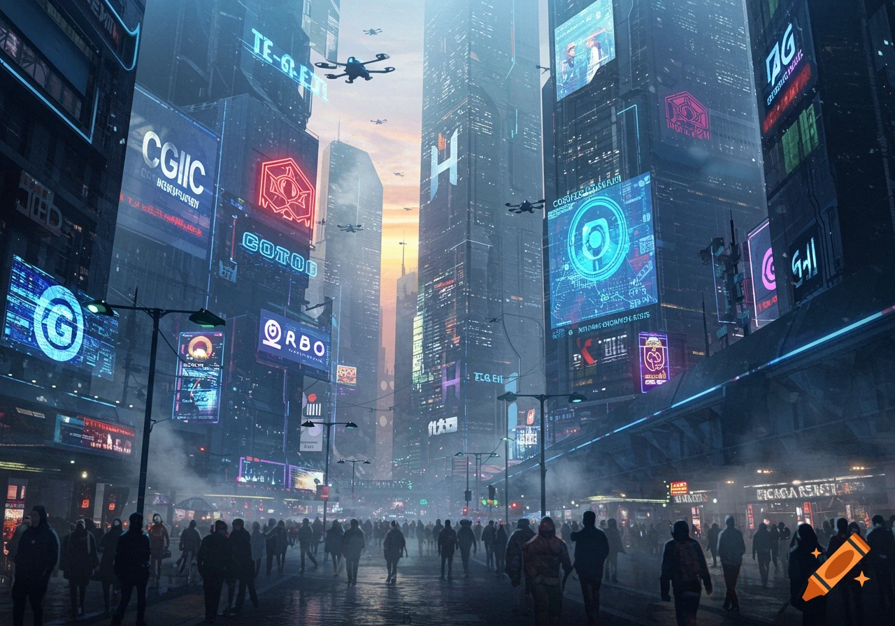 A bustling futuristic city at dusk, with towering skyscrapers adorned with neon signs and digital billboards, and crowds of people on the street.