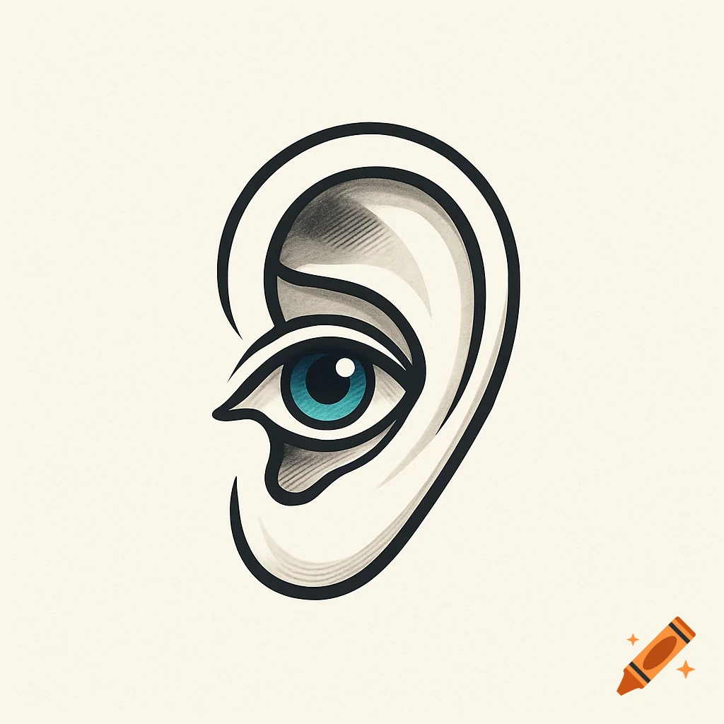 Stylized logo of a blue eye integrated into the shape of an ear with bold outlines and shading.