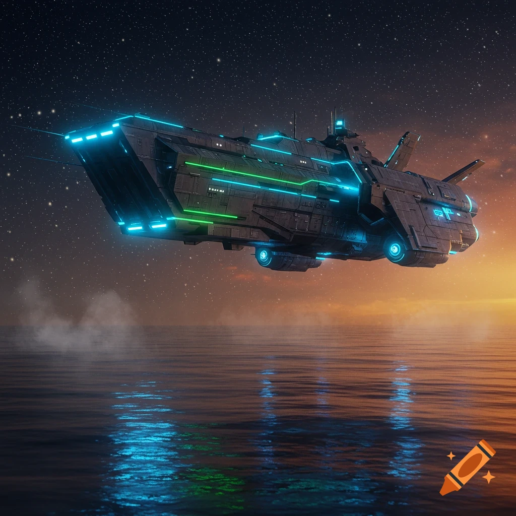 A futuristic sci-fi transport ship with glowing blue and green lights hovers above a reflective ocean under a starry, sunset sky.