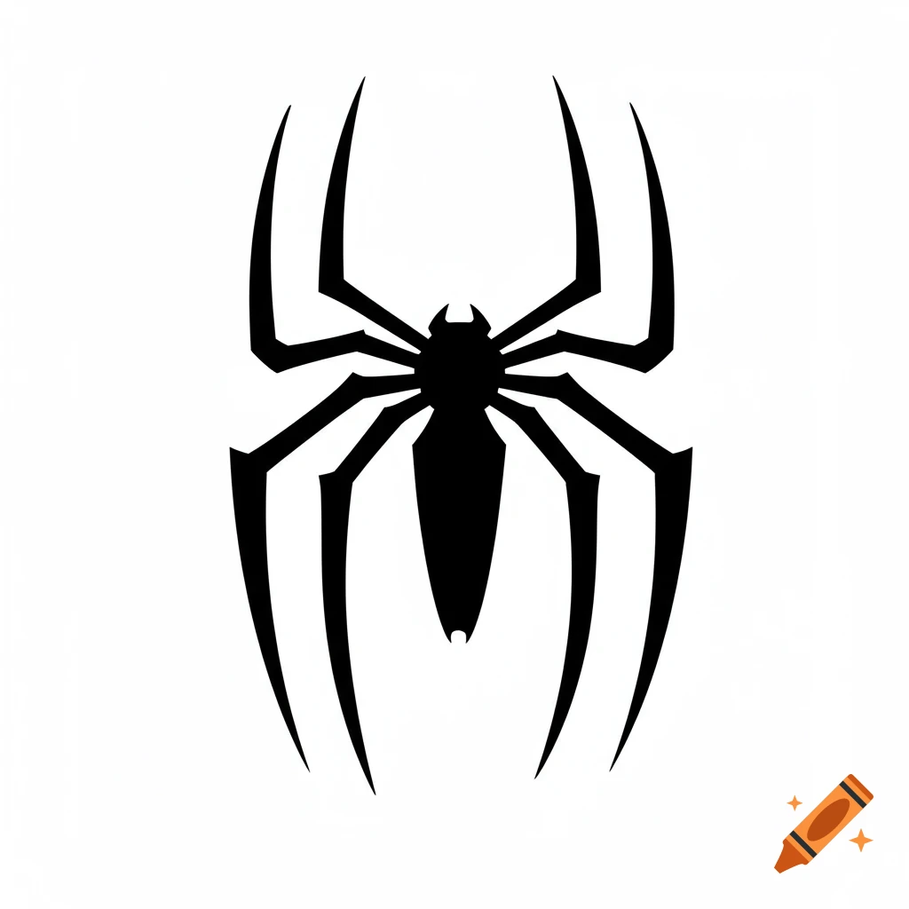 A black and white vector illustration of the Spider-Man spider symbol.