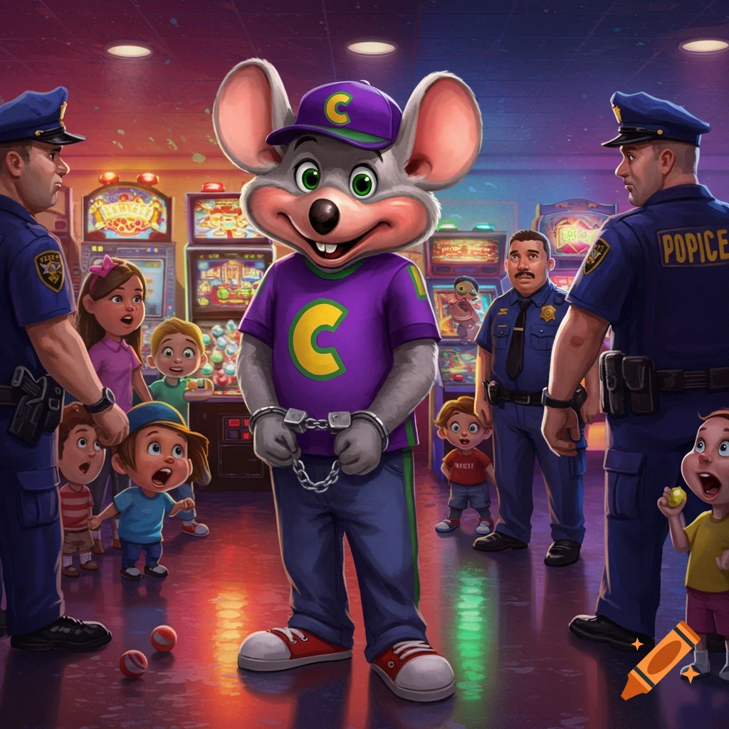 Chuck E. Cheese, handcuffed, stands between two police officers in an arcade as children look on with distress.