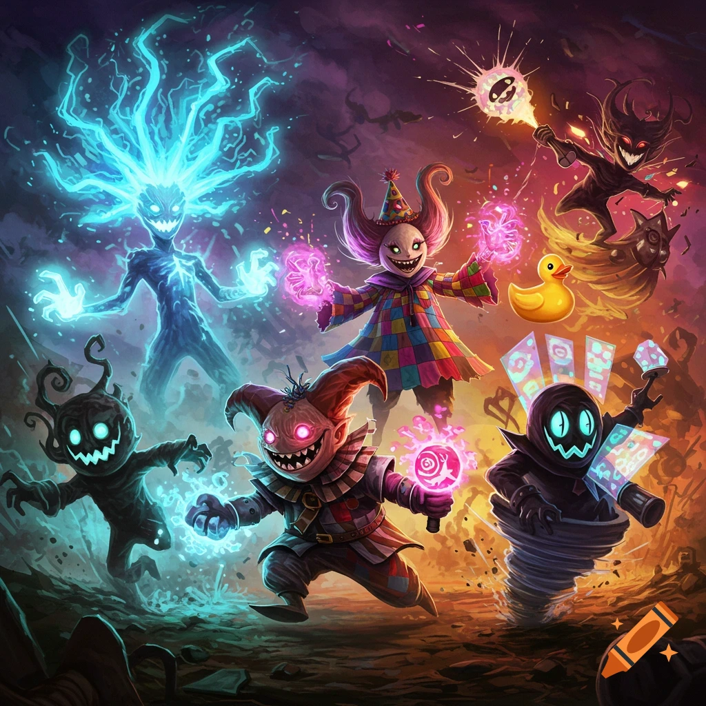 Six vibrant, mischievous, monster-like chaos creatures with various powers, including glowing energy and a tornado, in a dark fantasy setting.
