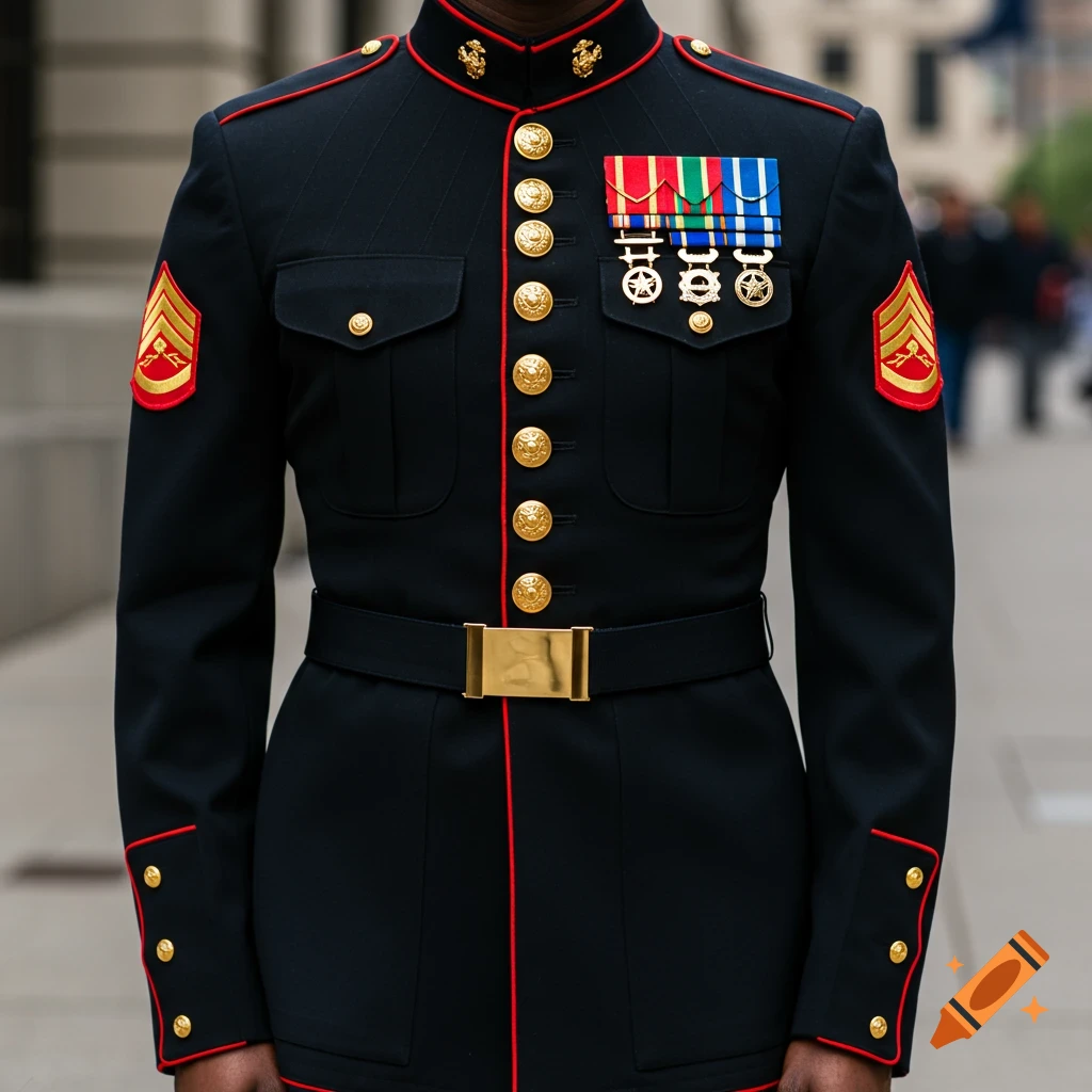 A close-up shot of a person wearing a formal dark blue Marine uniform with gold buttons, red trim, and multiple colorful medals.