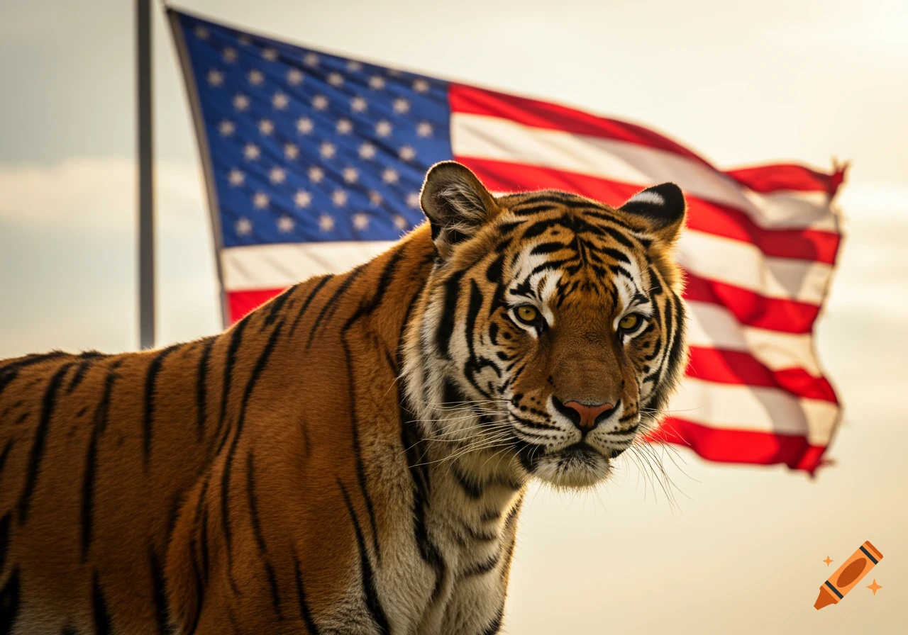 A photorealistic close-up of a tiger in front of a waving American flag under a bright sky.