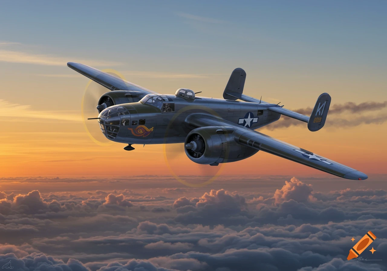 A photorealistic B-25 bomber aircraft with propellers spinning, flying above clouds during a sunset.