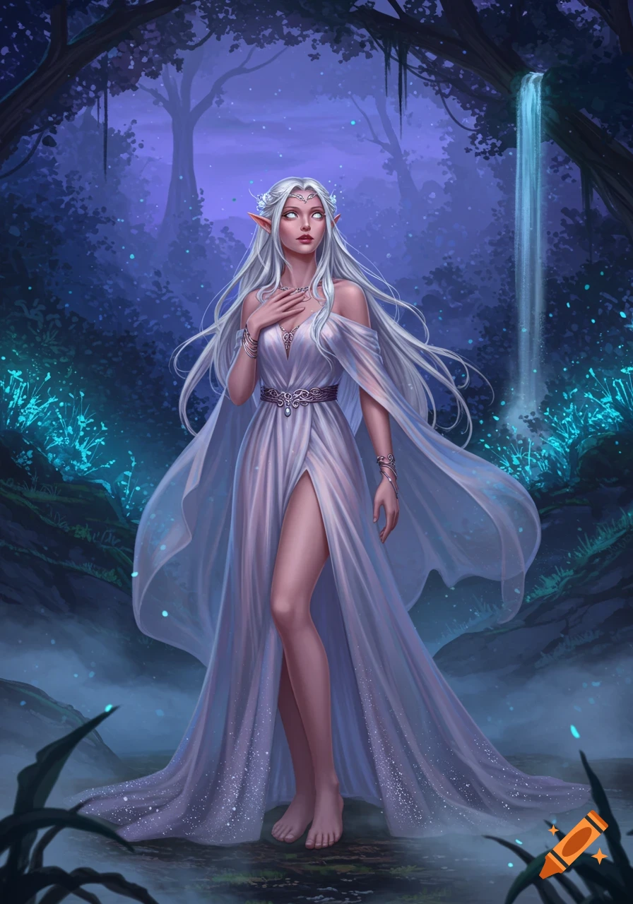 Ethereal elf woman with long white hair and a flowing white dress in a mystical blue forest with glowing plants and waterfall.