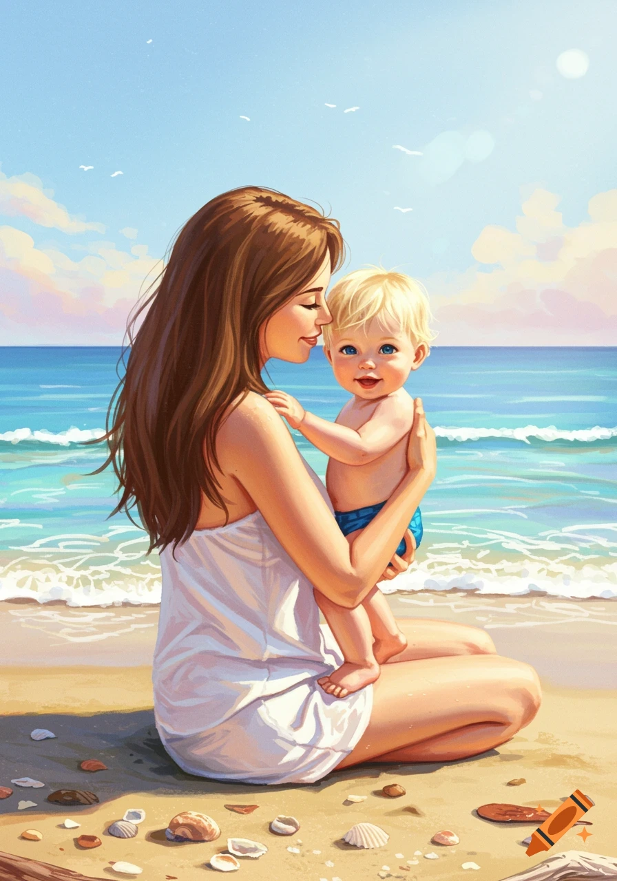 Illustrated mother with long brown hair holding a smiling blond baby on a sunny beach with seashells and ocean in the background.