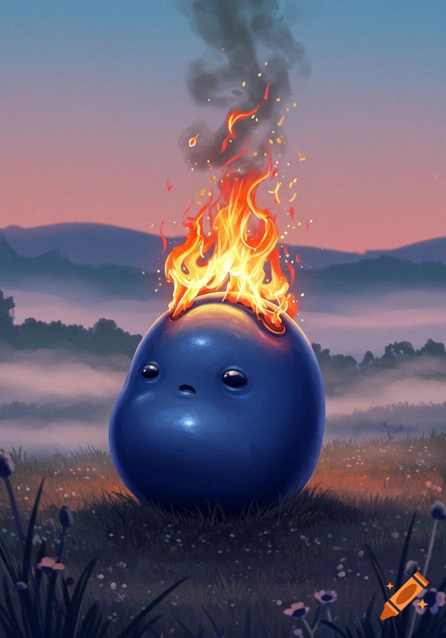 A cute blue bean-like creature with fire on its head stands in a misty field at sunset, cartoon art.
