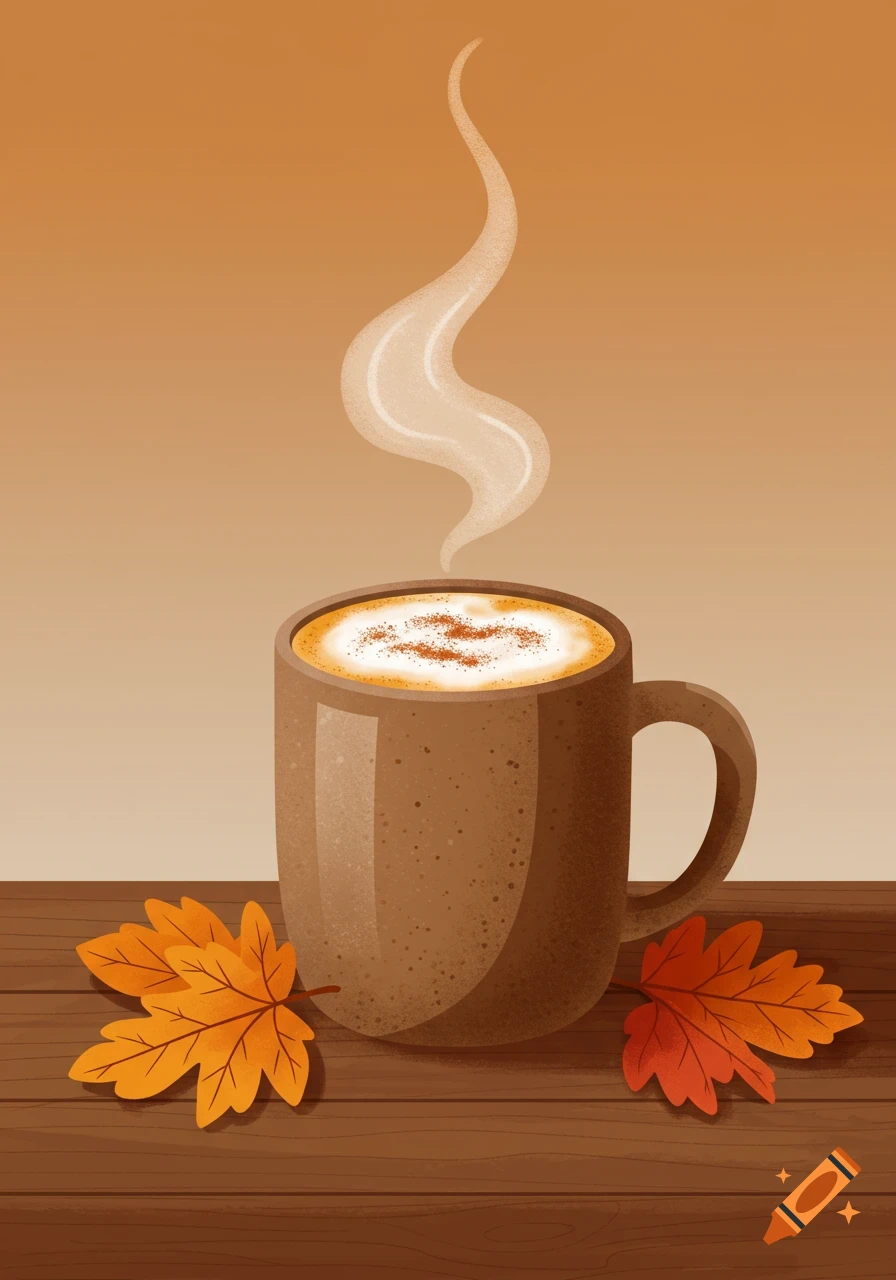 A steaming pumpkin spice latte in a brown mug sits on a wooden table with fall leaves, in a cozy flat illustration style.