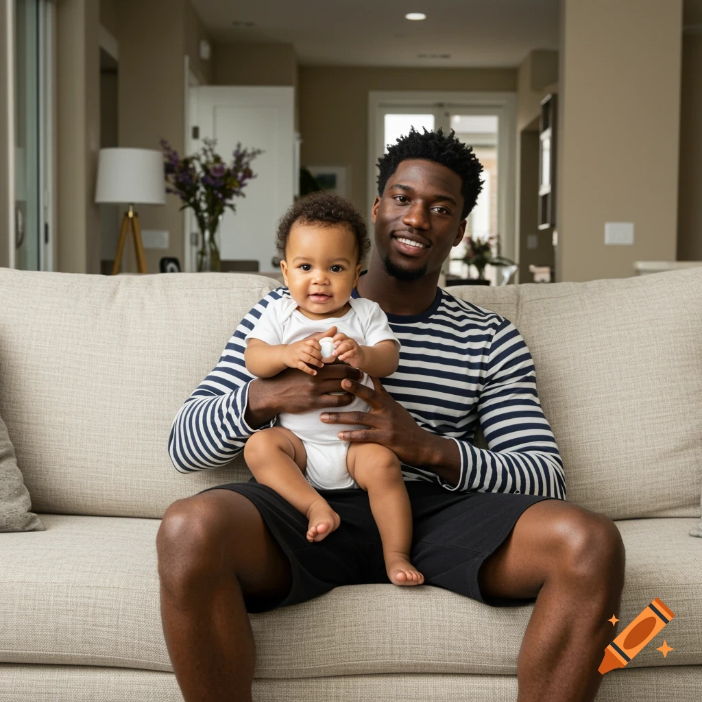 A smiling Black man holding an infant on a light-colored couch in a modern living room, looking at the camera.