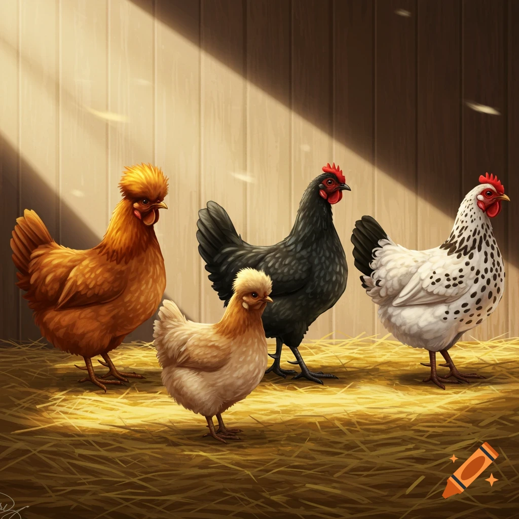 Four different breeds of stylized chickens stand on hay in a sunlit barn.