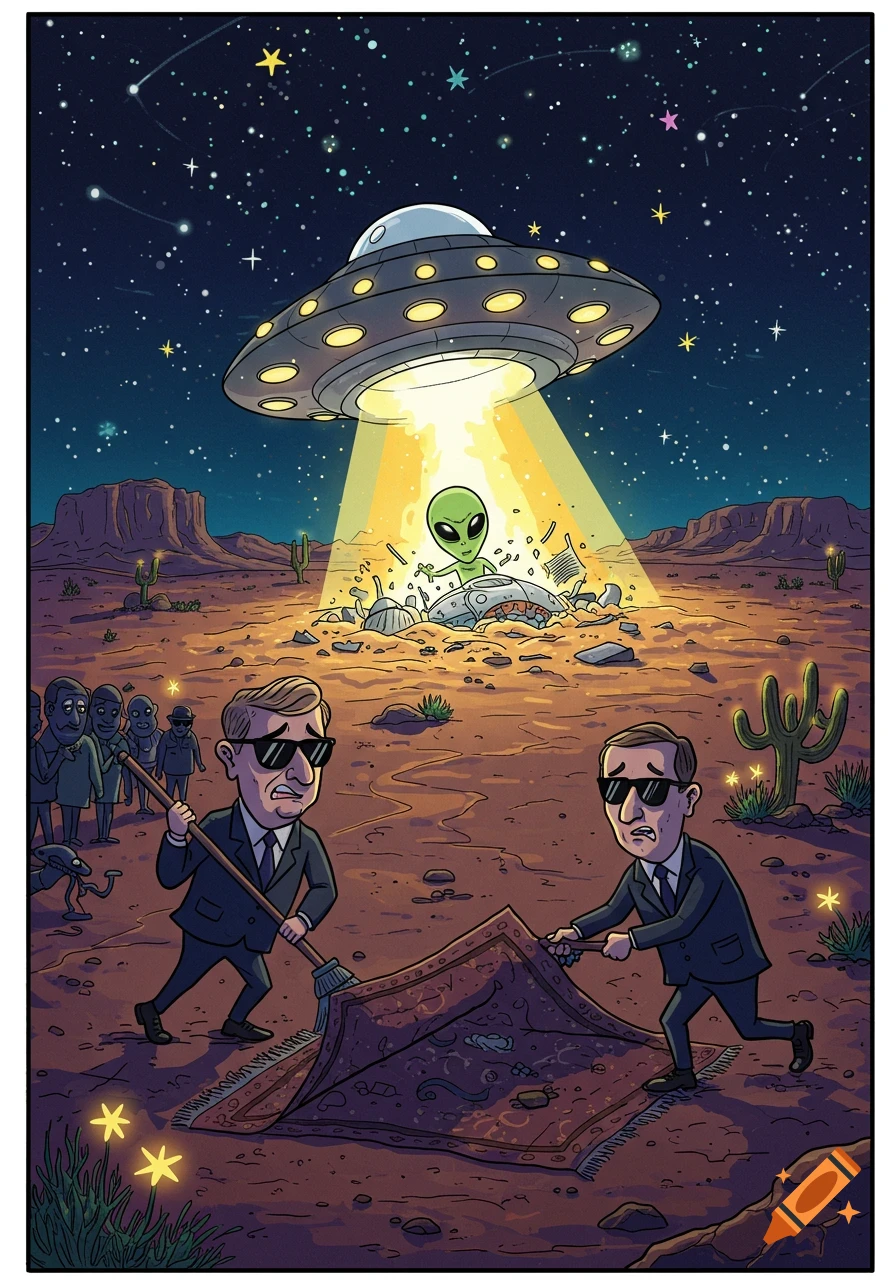Cartoon of men in suits sweeping alien debris under a rug in a desert with a UFO and an alien overhead at night.