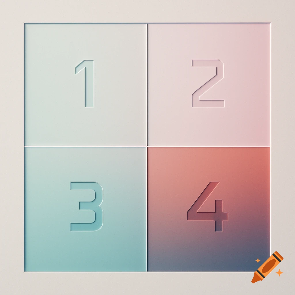 A 2x2 grid with embossed numbers 1, 2, 3, 4 on pastel gradient squares.