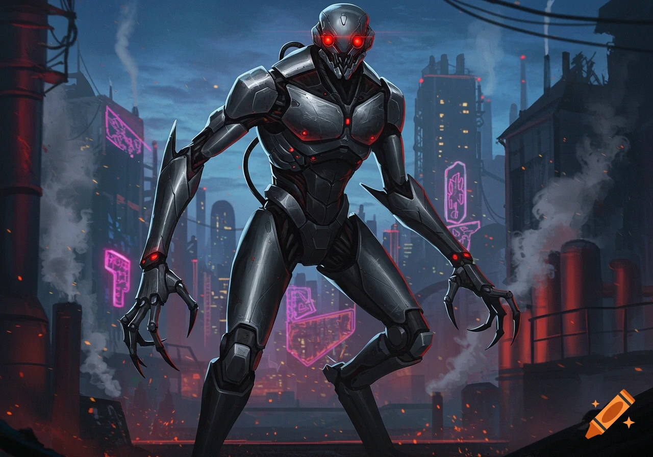 A menacing metallic humanoid robot with glowing red eyes and sharp claws stands in a dystopian cyberpunk city.