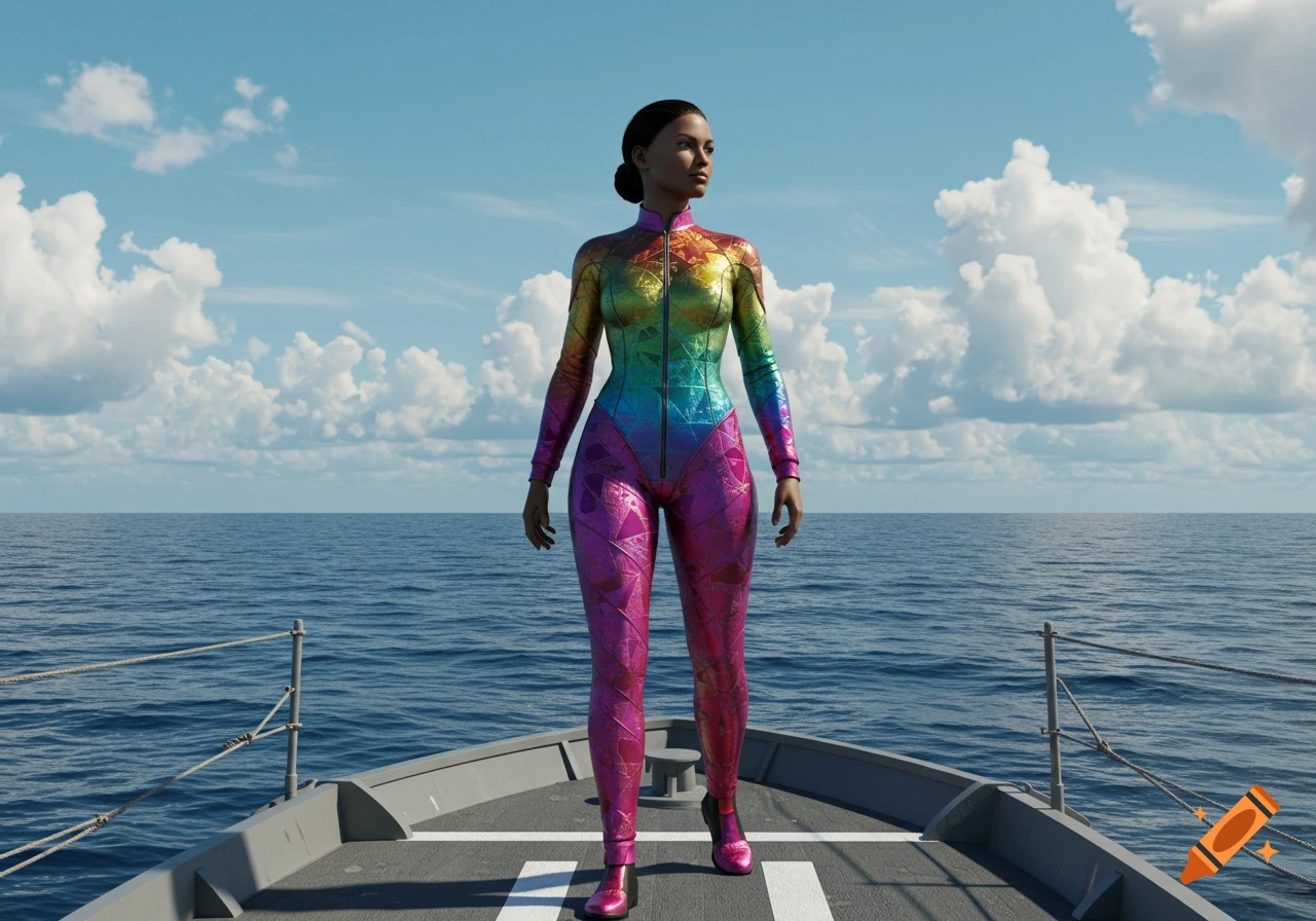 A woman in a metallic rainbow uniform stands on a boat deck, gazing out at the vast ocean under a cloudy sky.