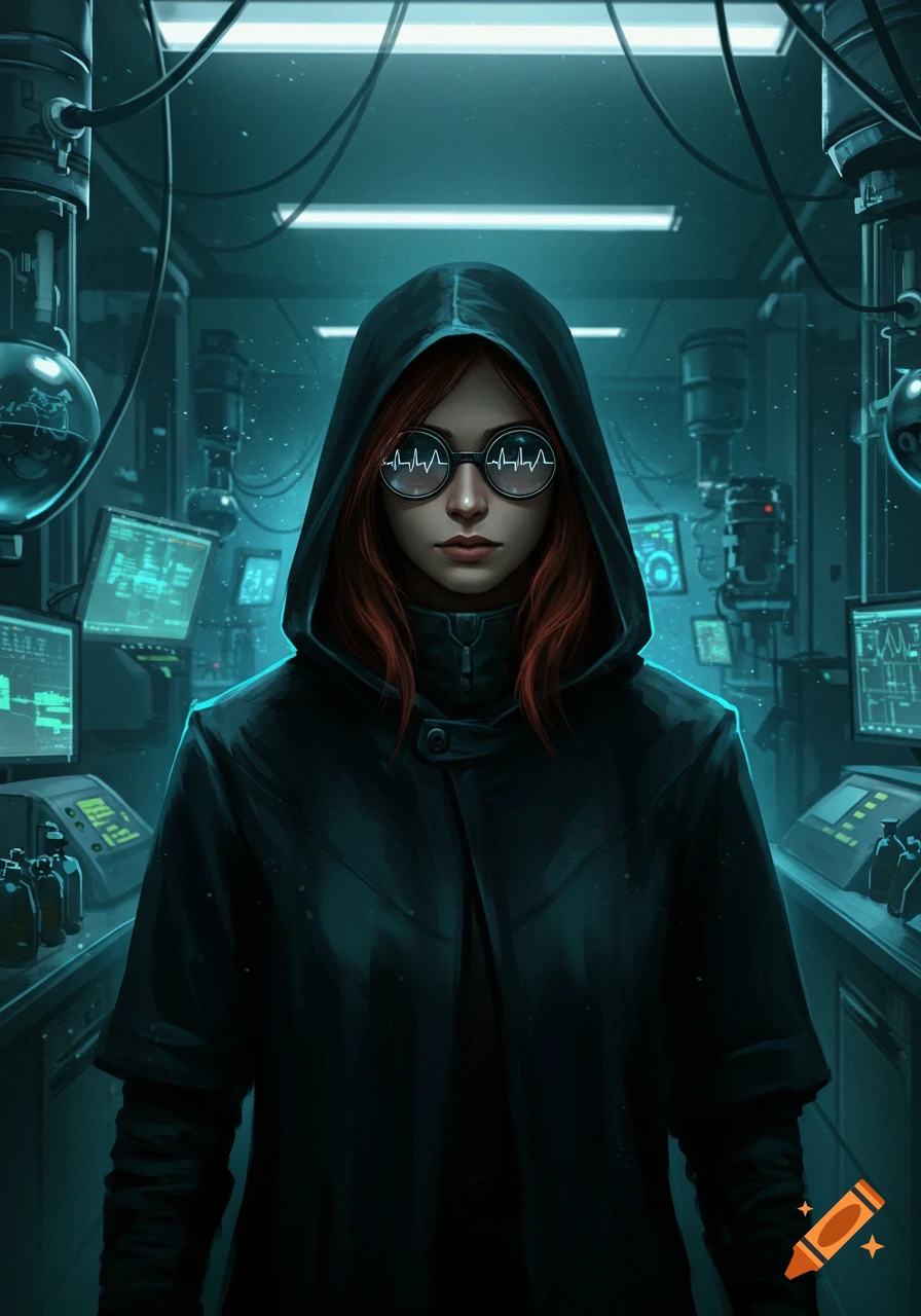 A mysterious female scientist in a black cloak and round glasses with heartbeat displays stands in a dark, high-tech laboratory. Digital art.