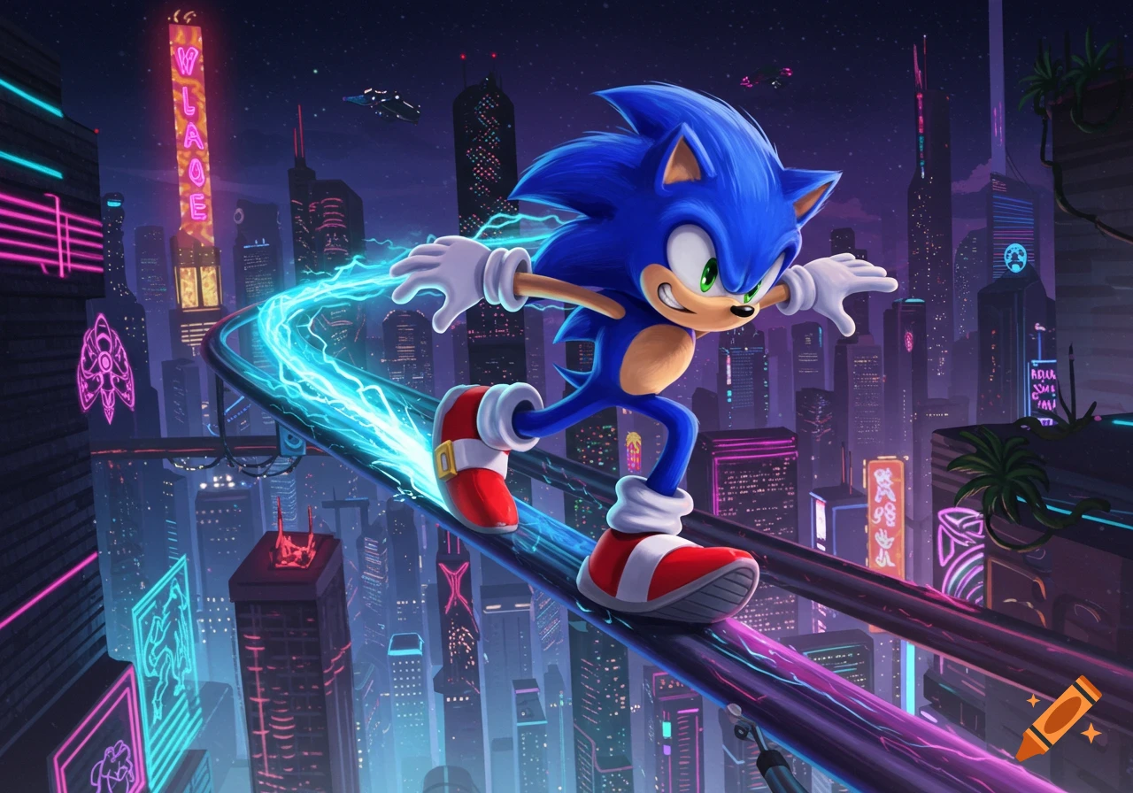 Sonic the Hedgehog grinds on a neon rail, leaving a blue electric trail, above a vibrant cyberpunk city at night.