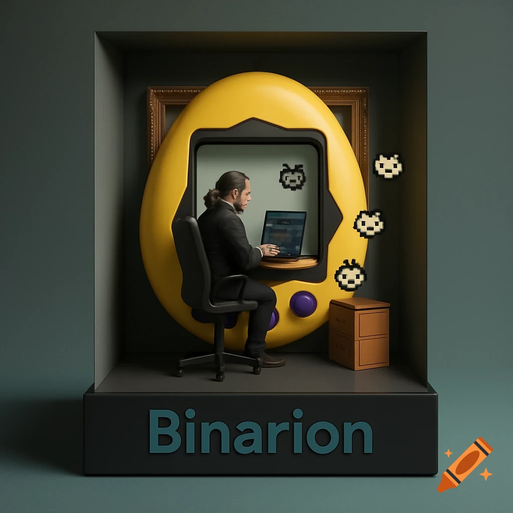 A man in a suit works on a laptop inside a giant, yellow Tamagotchi-shaped diorama. Pixelated creatures float around. The base reads "Binarion".