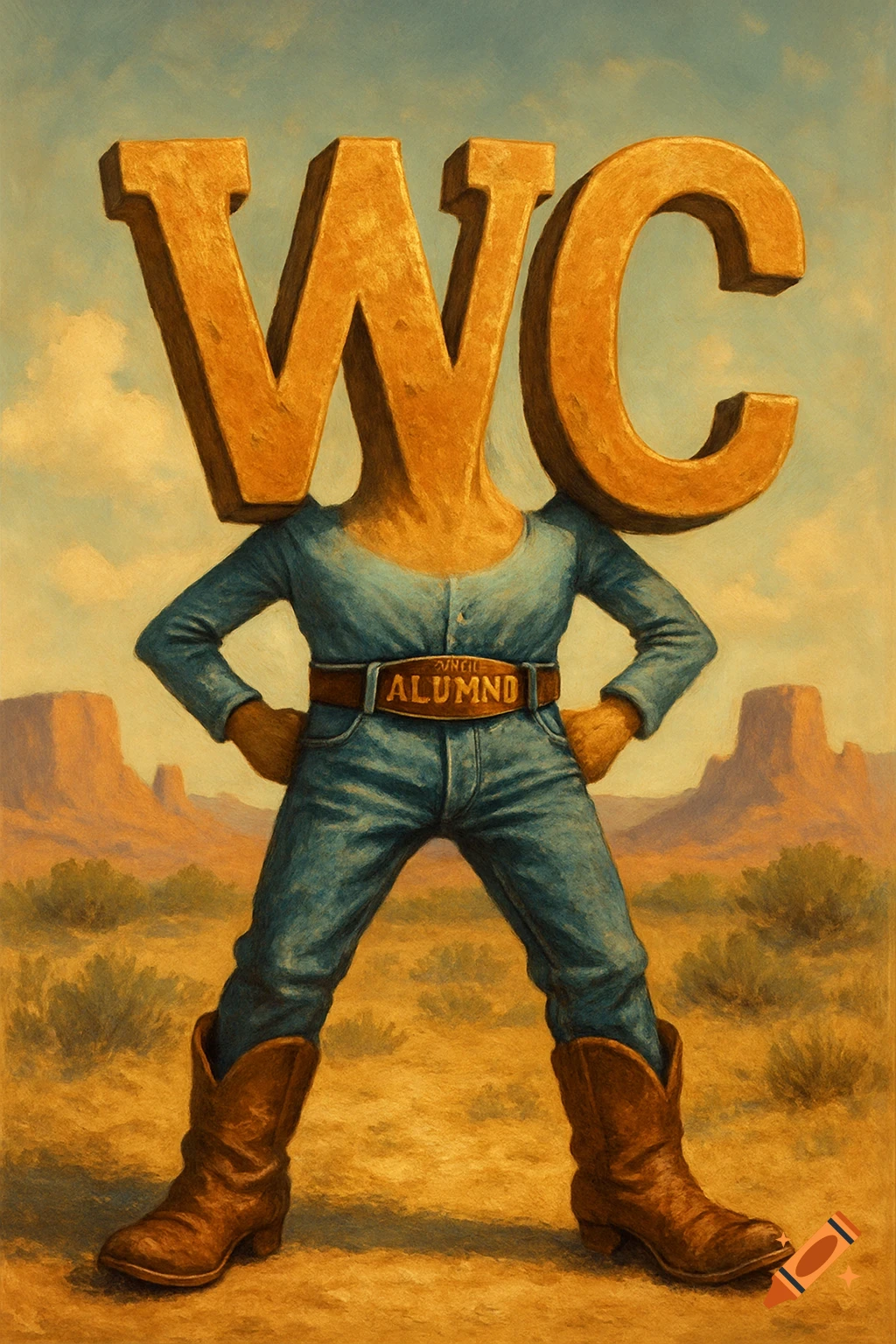 Surreal painting of a figure with 'WC' letters for a head and torso, wearing jeans, cowboy boots, and a belt that says 'ALUMND', standing in a desert.
