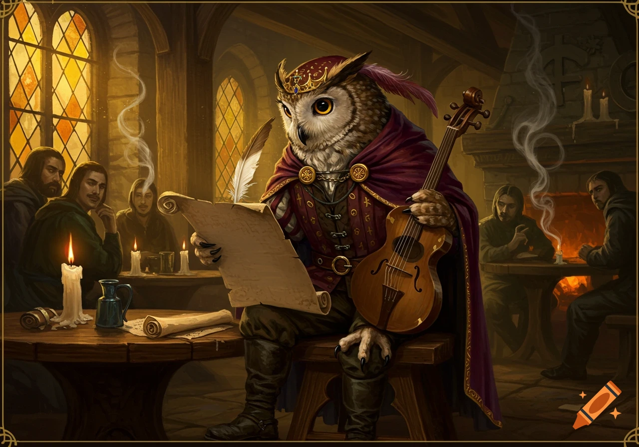 Oil painting of an anthropomorphic owl bard in a tavern, holding a scroll and quill, with a stringed instrument beside it.