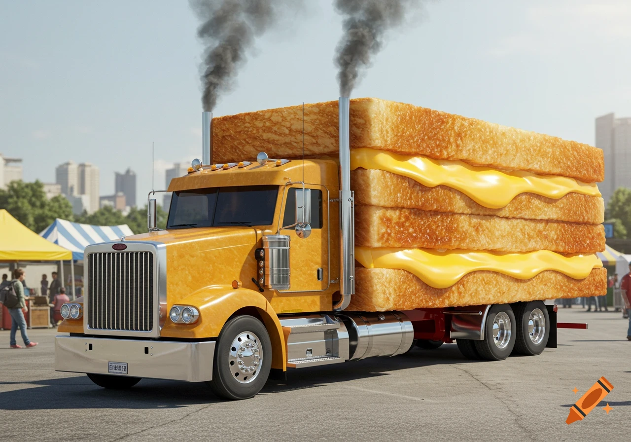 Photorealistic image of a semi-truck carrying a massive, smoking grilled cheese sandwich.
