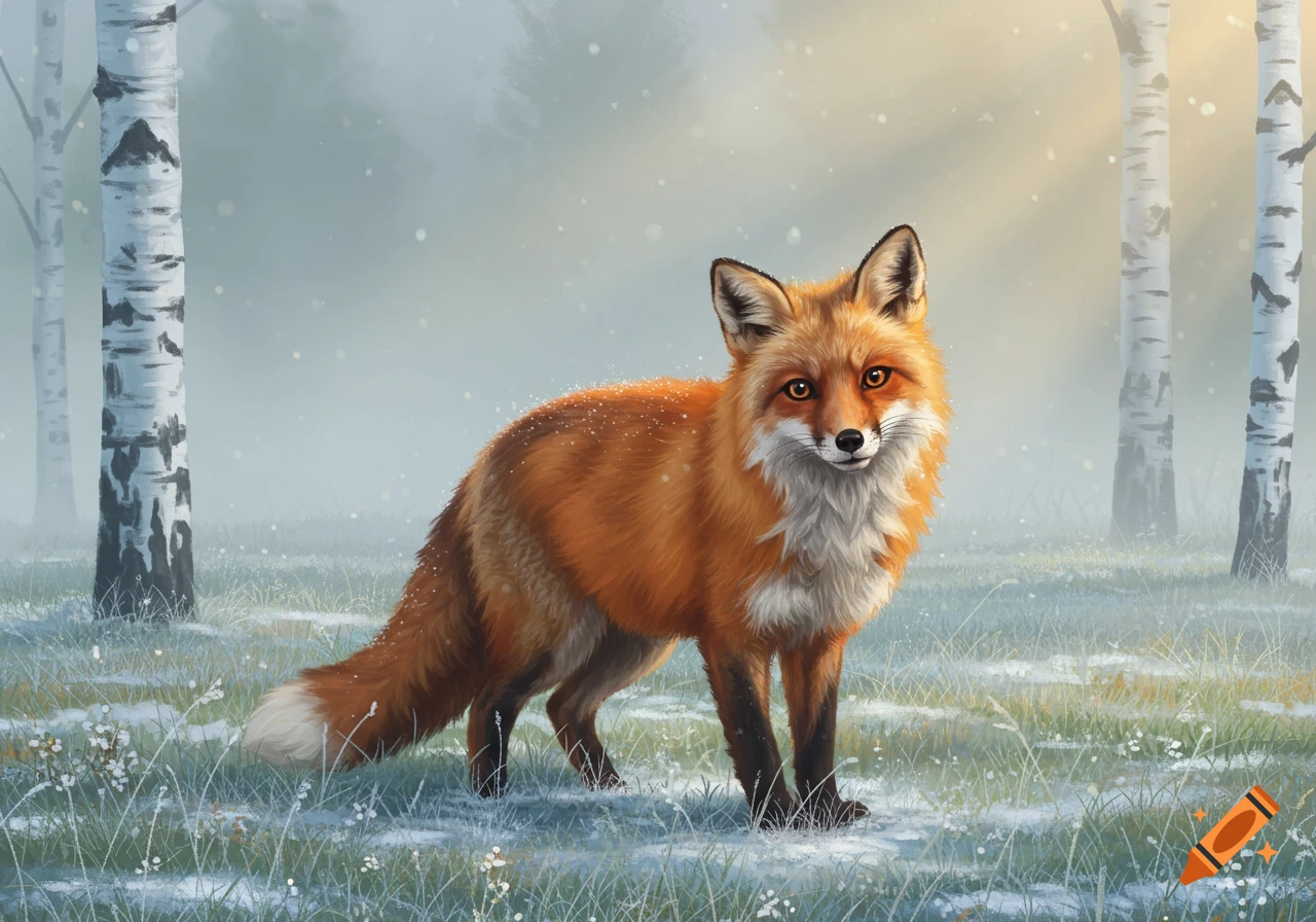 A red fox with snow on its fur stands in a misty winter forest with birch trees, painted digitally.