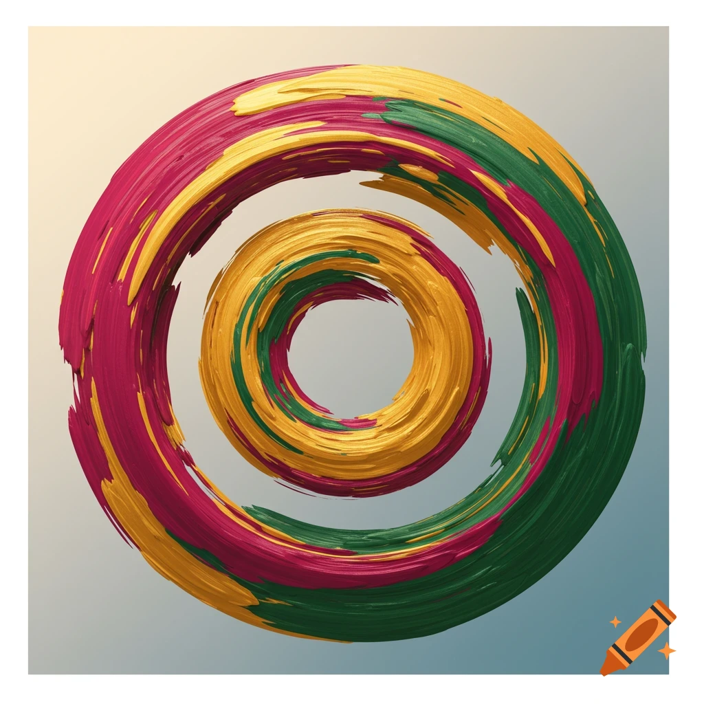 Vibrant red, yellow, and green brush strokes form concentric textured circles on a gradient background.