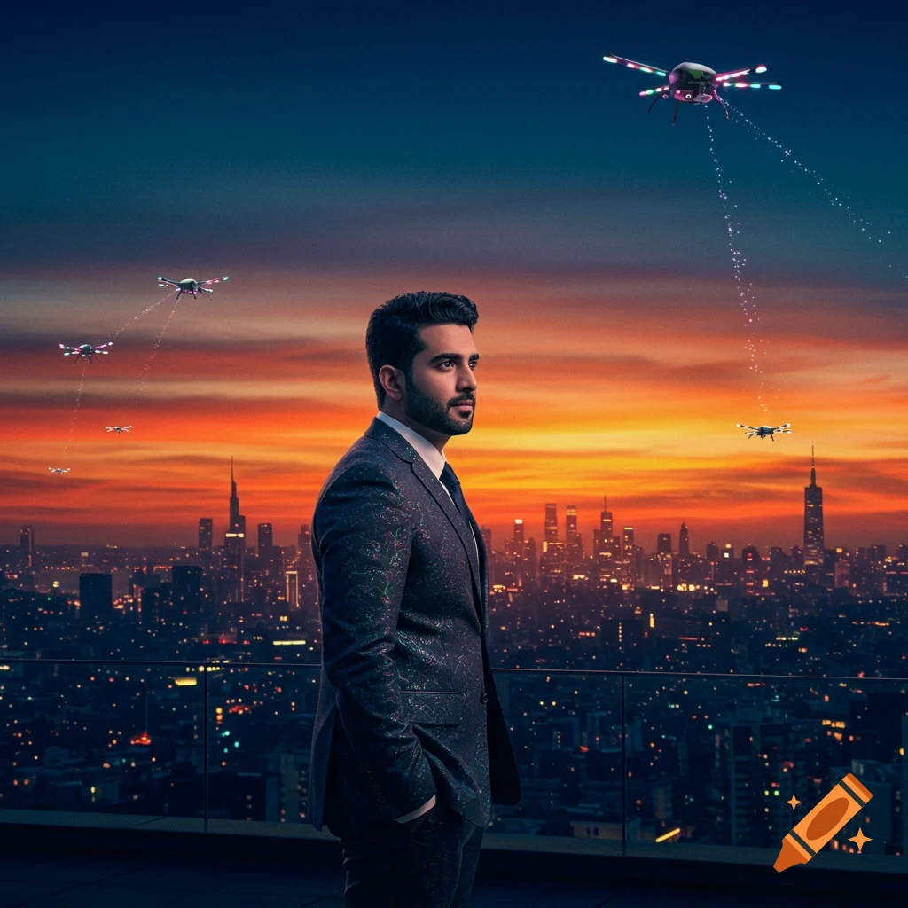 A man in a patterned suit stands on a rooftop overlooking a city skyline at sunset with illuminated drones flying above.
