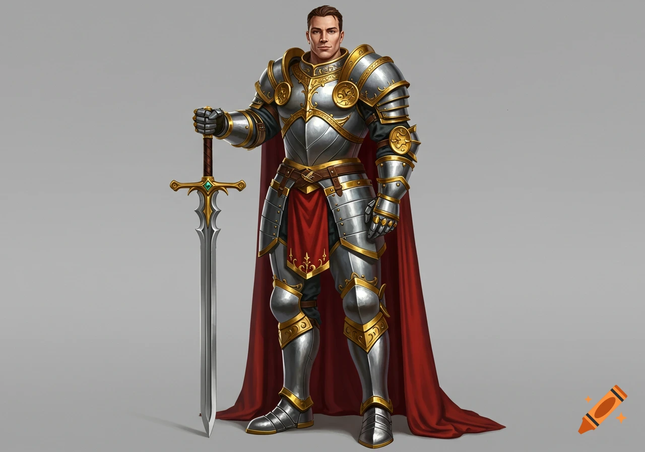 Full-body portrait of a muscular male warrior in shining silver and gold armor with a red cape, holding a large sword.