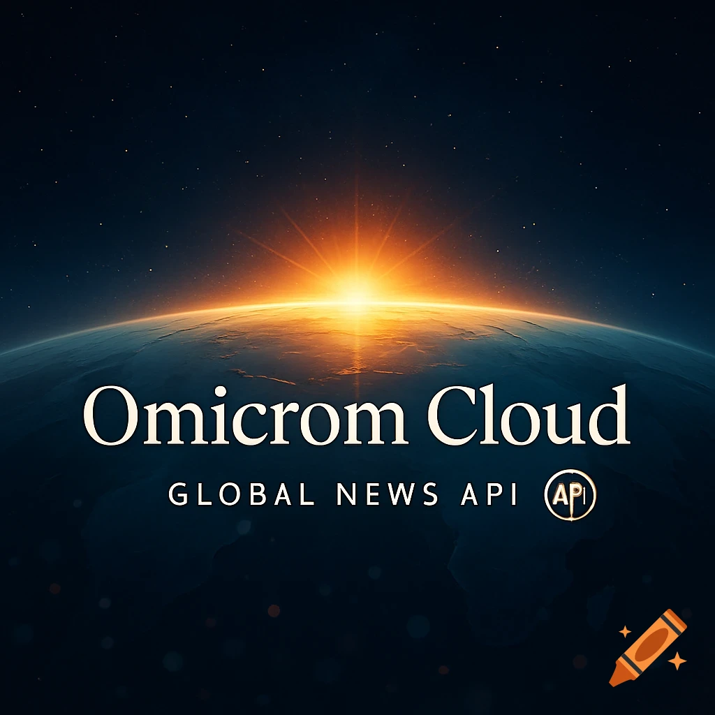 Photorealistic image of a sunrise over Earth from space with 'Omicrom Cloud - Global News API' text.