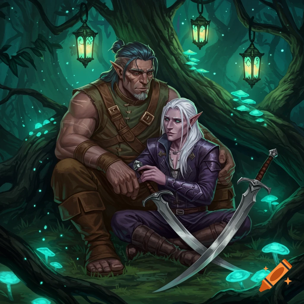 A muscular, grey-skinned man and a slender, pale elf sit embracing in a magical, glowing forest, digital painting style.