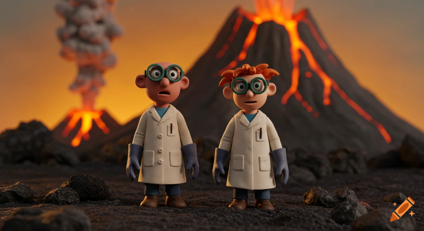 Two cartoonish stopmotion scientists in lab coats and goggles stand on volcanic ground with an erupting volcano behind them.